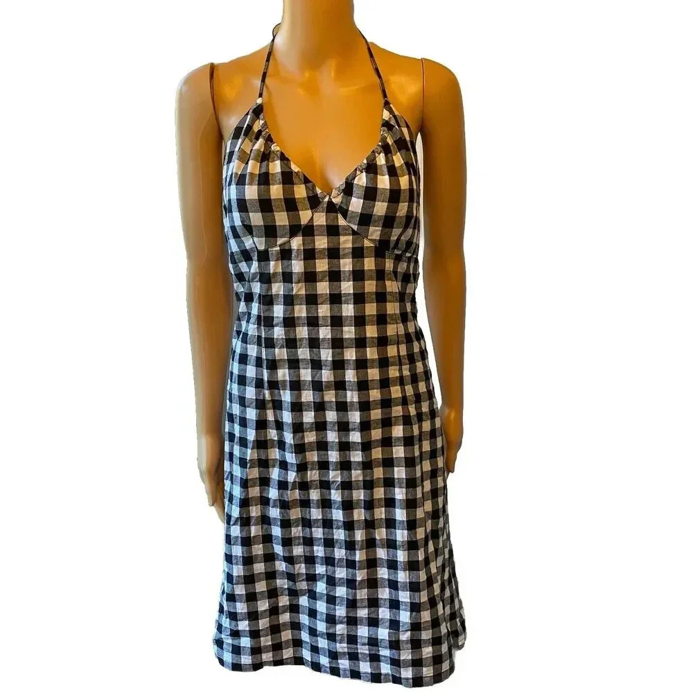 H&M Gingham Midi Dress Halter Tie Neck BlackWhite Cottagecore Beach Vacation Sz8